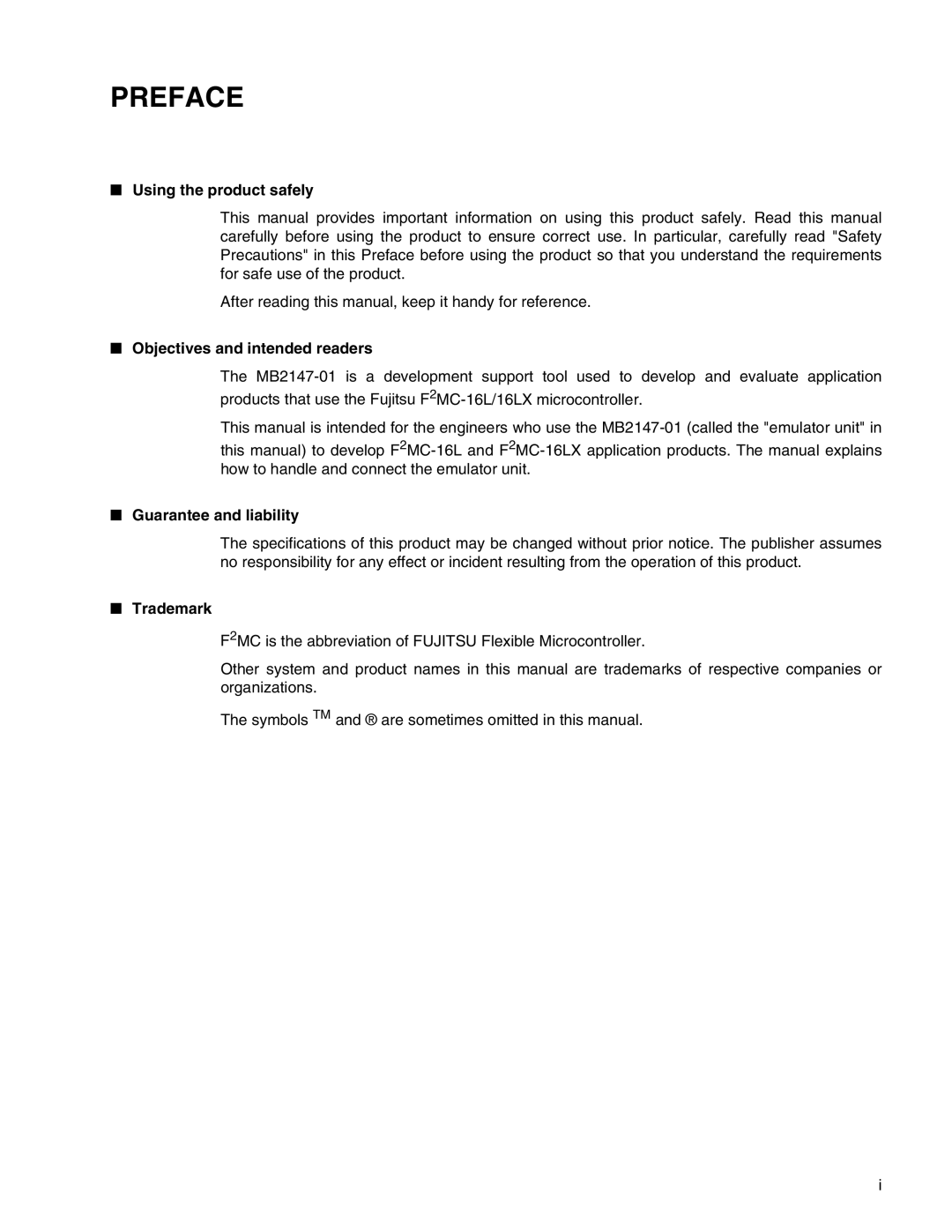 Fujitsu MB2147-01 manual Using the product safely, Objectives and intended readers, Guarantee and liability, Trademark 