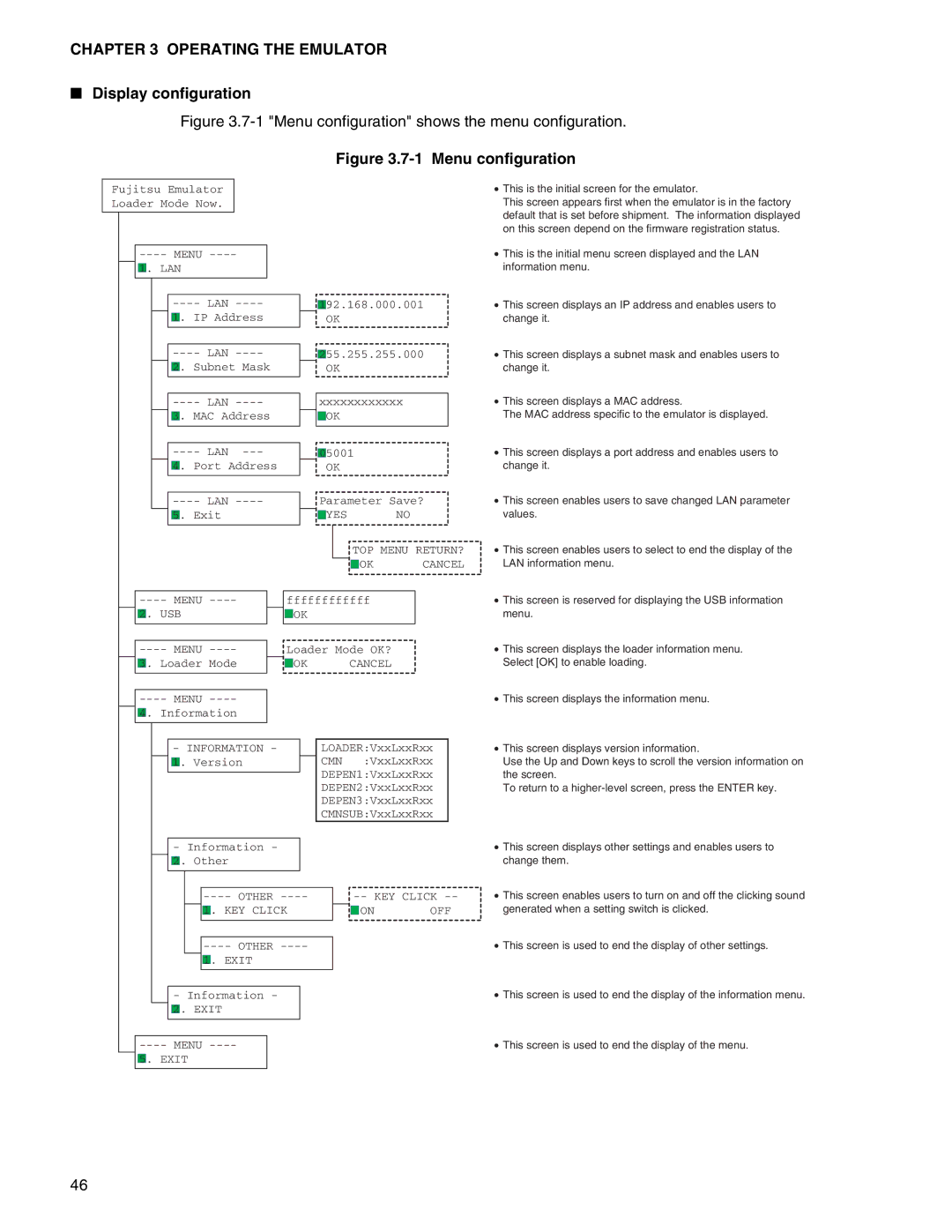 Fujitsu MB2147-01 manual Display configuration, Menu configuration 