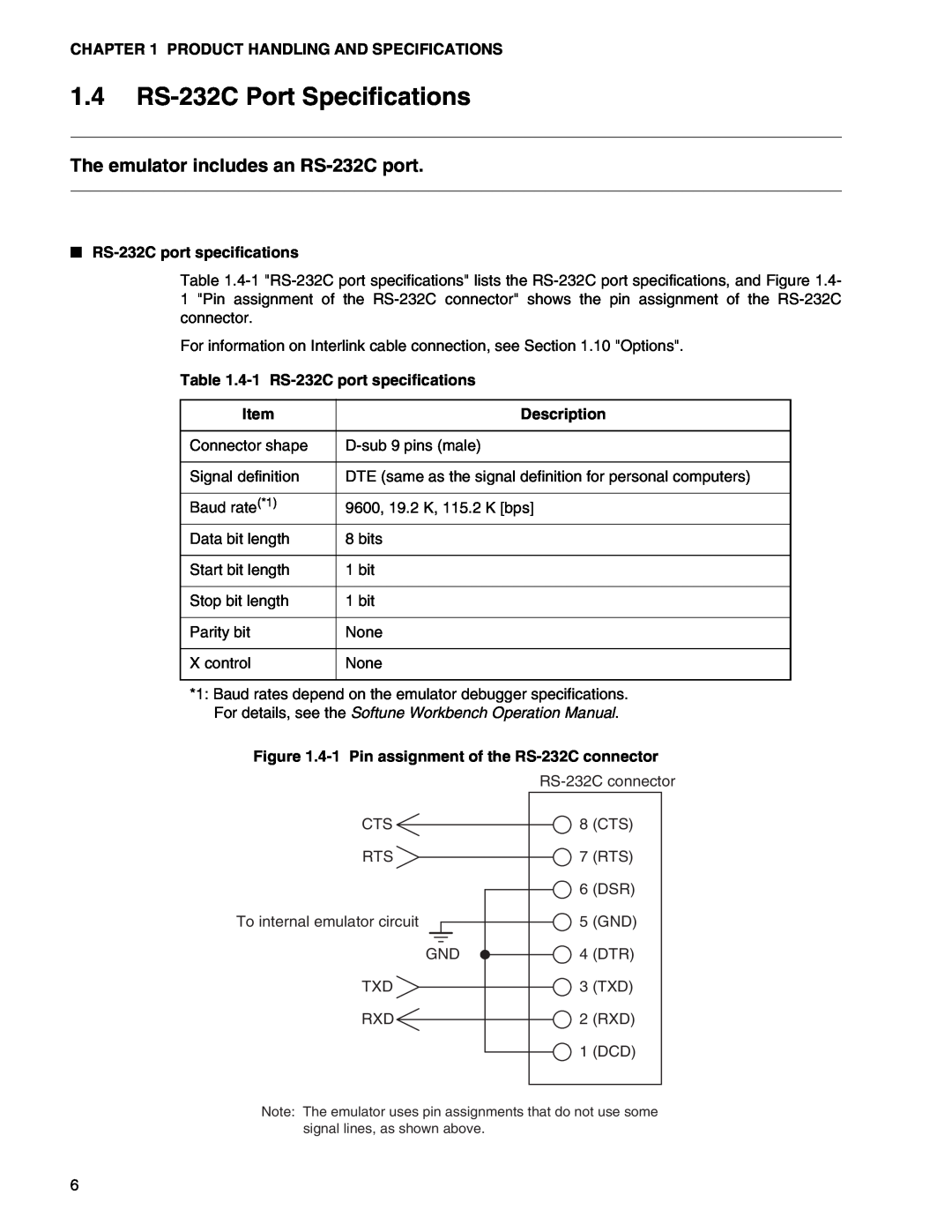 Fujitsu MB2147-01 manual 1.4 RS-232C Port Specifications, Product Handling And Specifications, RS-232C port specifications 
