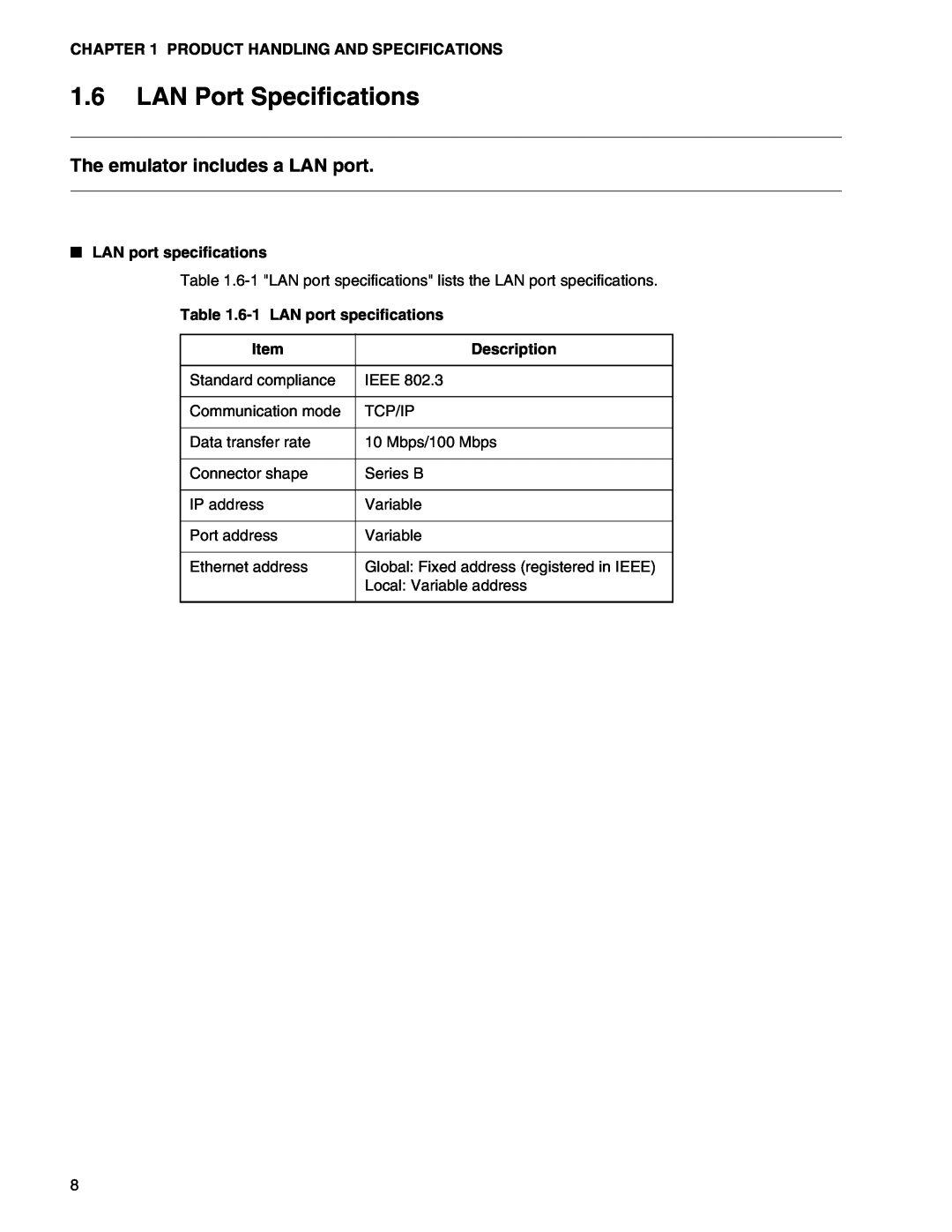 Fujitsu MB2147-01 manual LAN Port Specifications, Product Handling And Specifications, LAN port specifications, Description 
