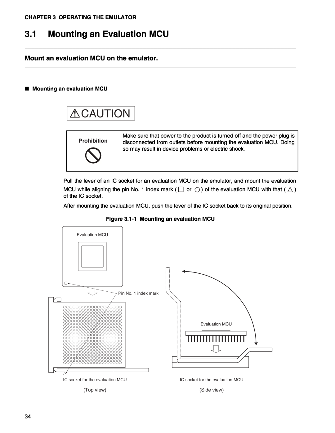 Fujitsu MB2147-01 manual Mounting an Evaluation MCU, Mount an evaluation MCU on the emulator, Operating The Emulator 