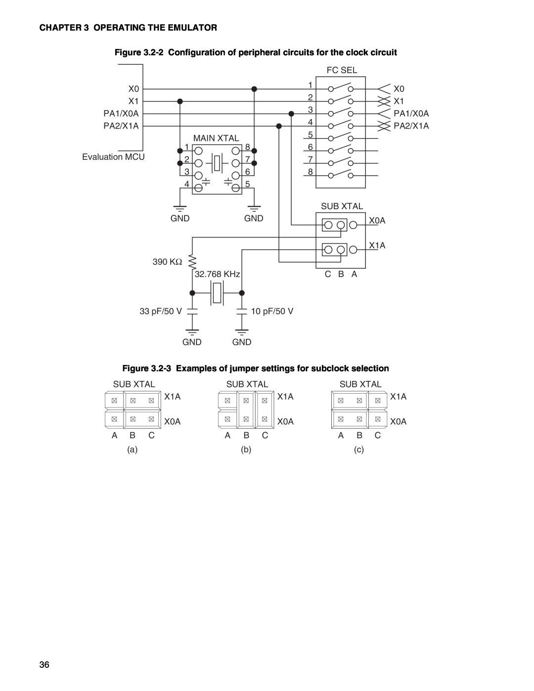 Fujitsu MB2147-01 manual Operating The Emulator, 2-3 Examples of jumper settings for subclock selection 