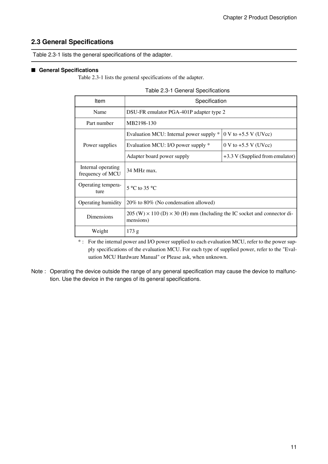 Fujitsu MB2198-130 operation manual General Specifications, lists the general specifications of the adapter 