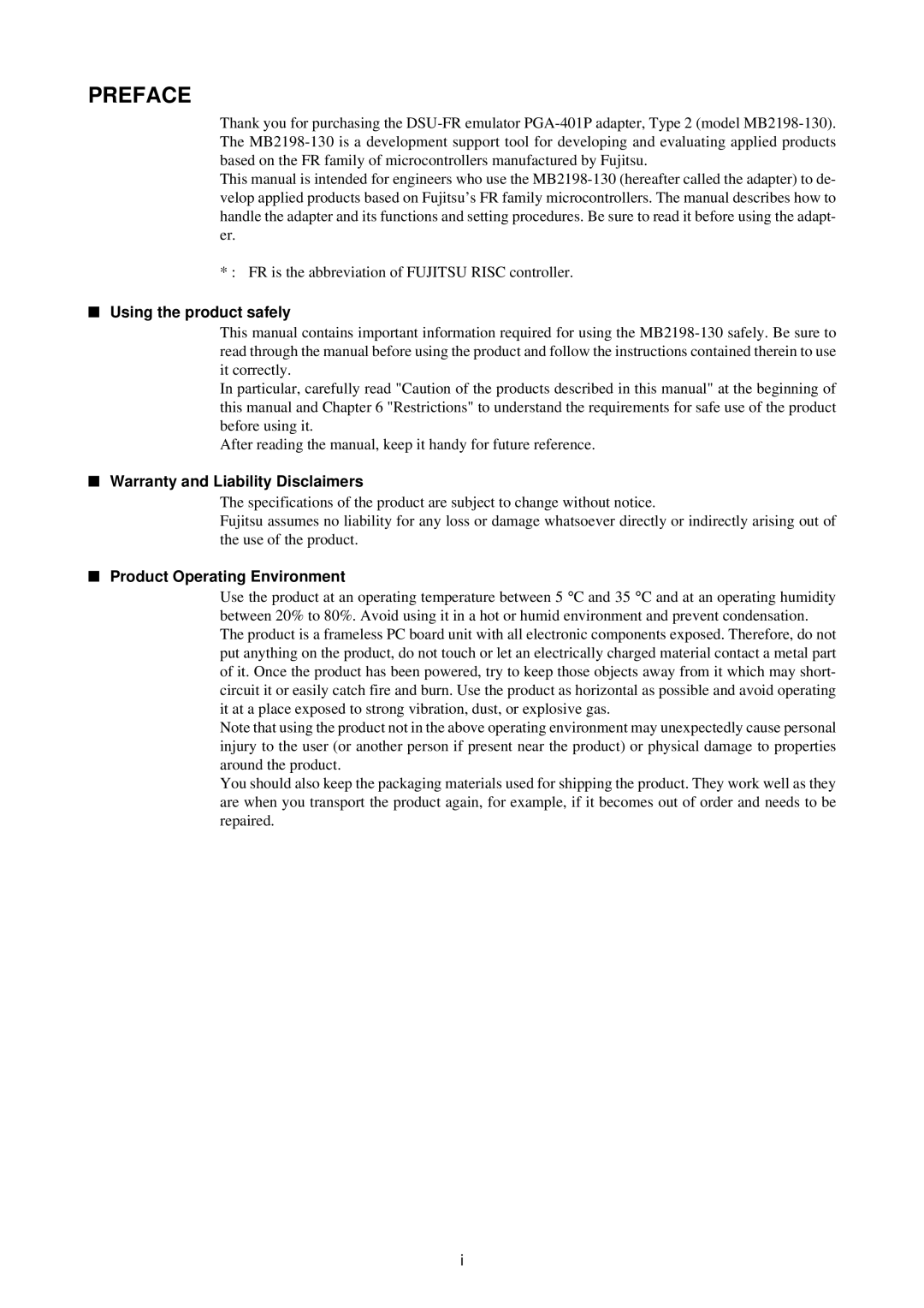 Fujitsu MB2198-130 Using the product safely, Warranty and Liability Disclaimers, Product Operating Environment 