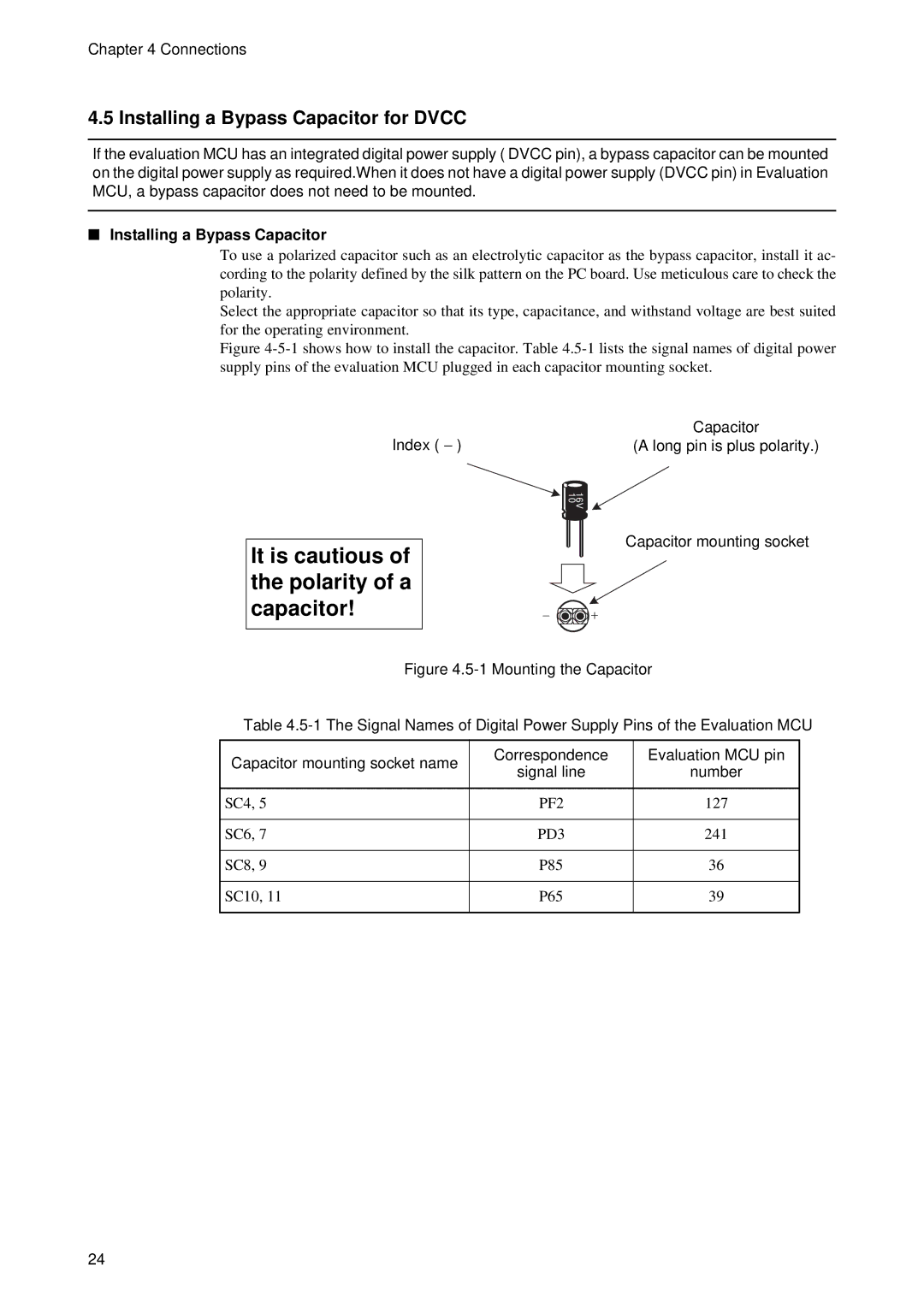 Fujitsu MB2198-130 operation manual Installing a Bypass Capacitor for Dvcc, Index − Capacitor Long pin is plus polarity 