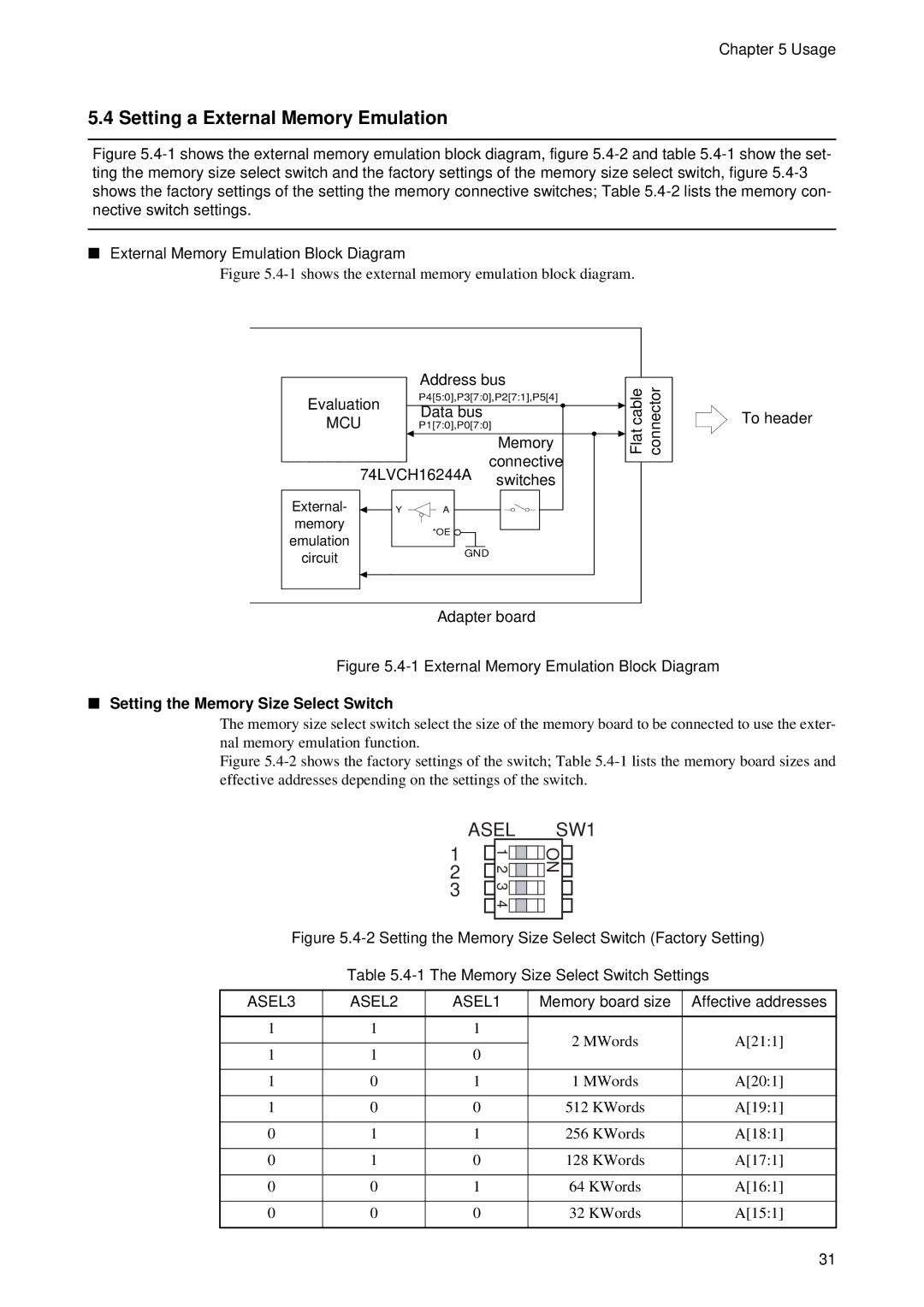 Fujitsu MB2198-130 operation manual Setting a External Memory Emulation, Setting the Memory Size Select Switch 