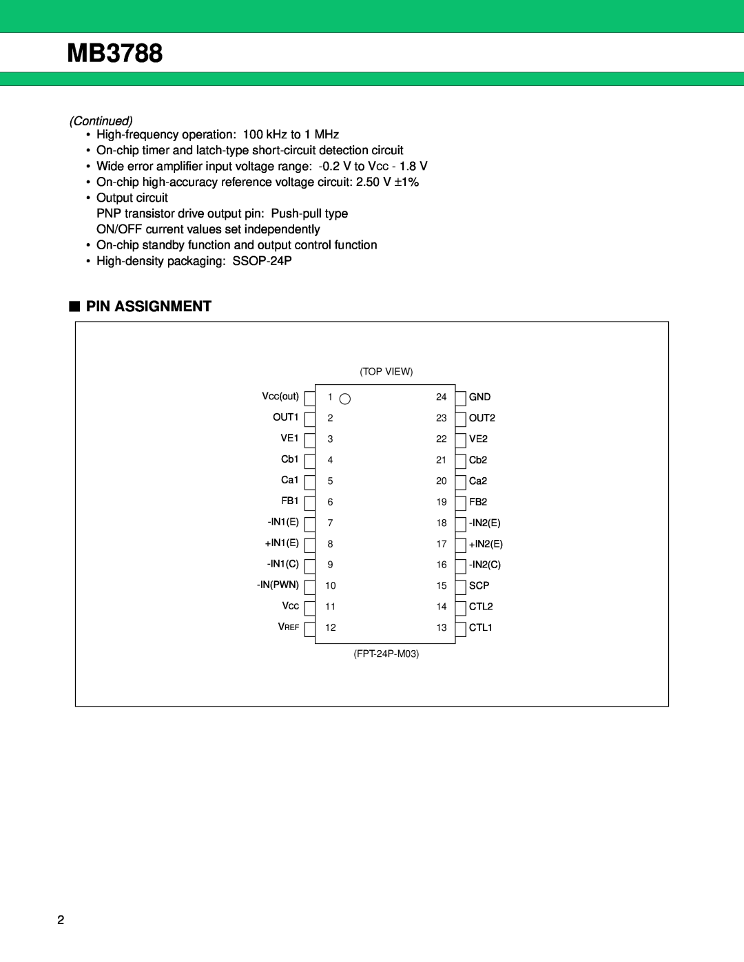 Fujitsu MB3788 manual Pin Assignment, Continued 