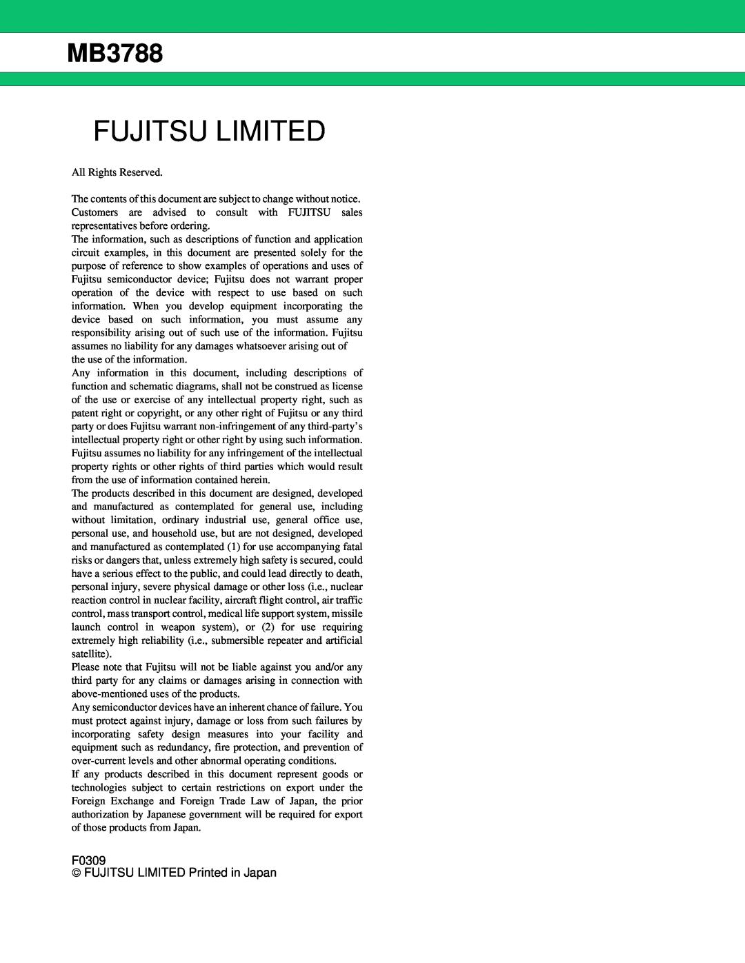 Fujitsu MB3788 manual Fujitsu Limited 