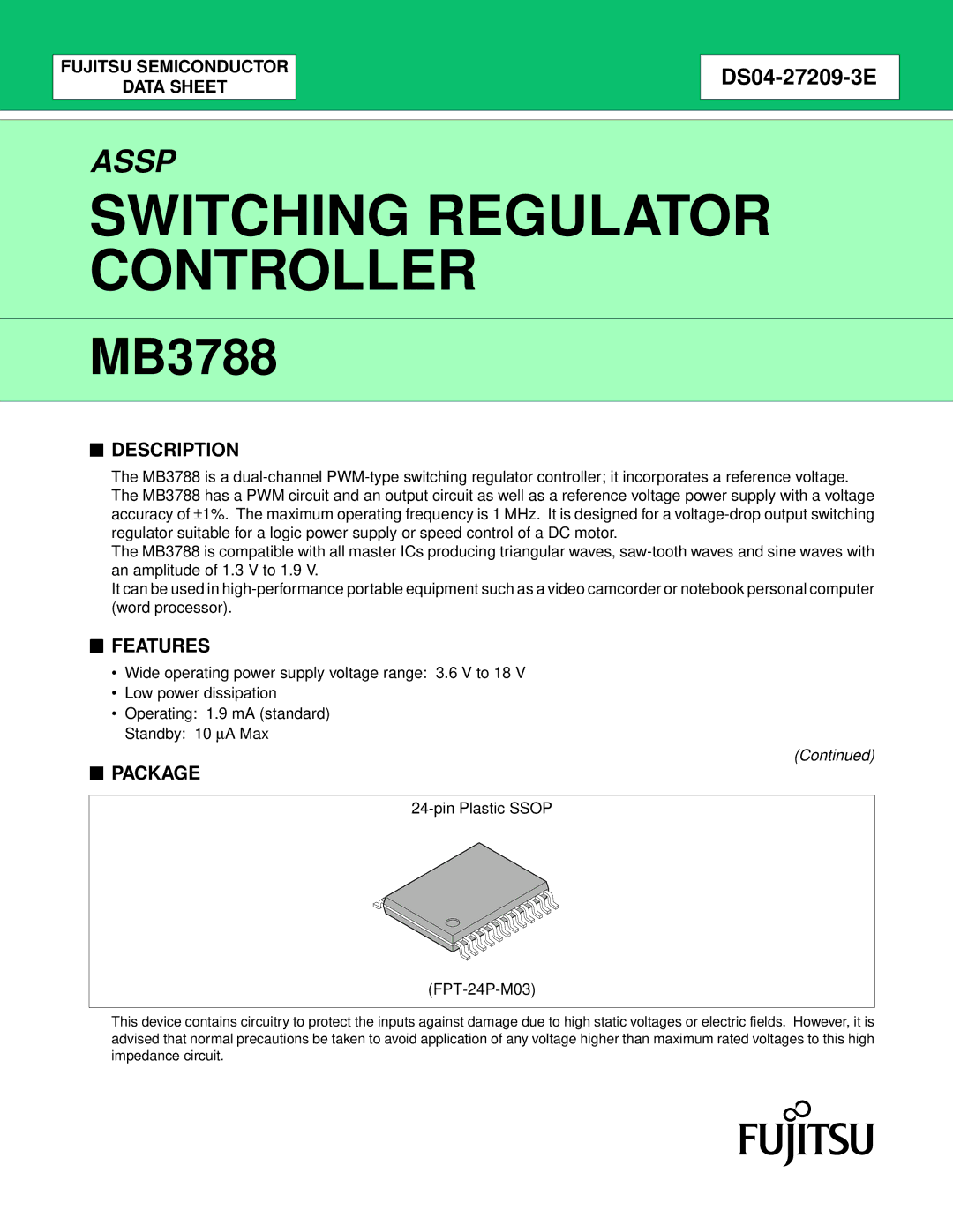 Fujitsu MB3788 manual Description, Features, Package 