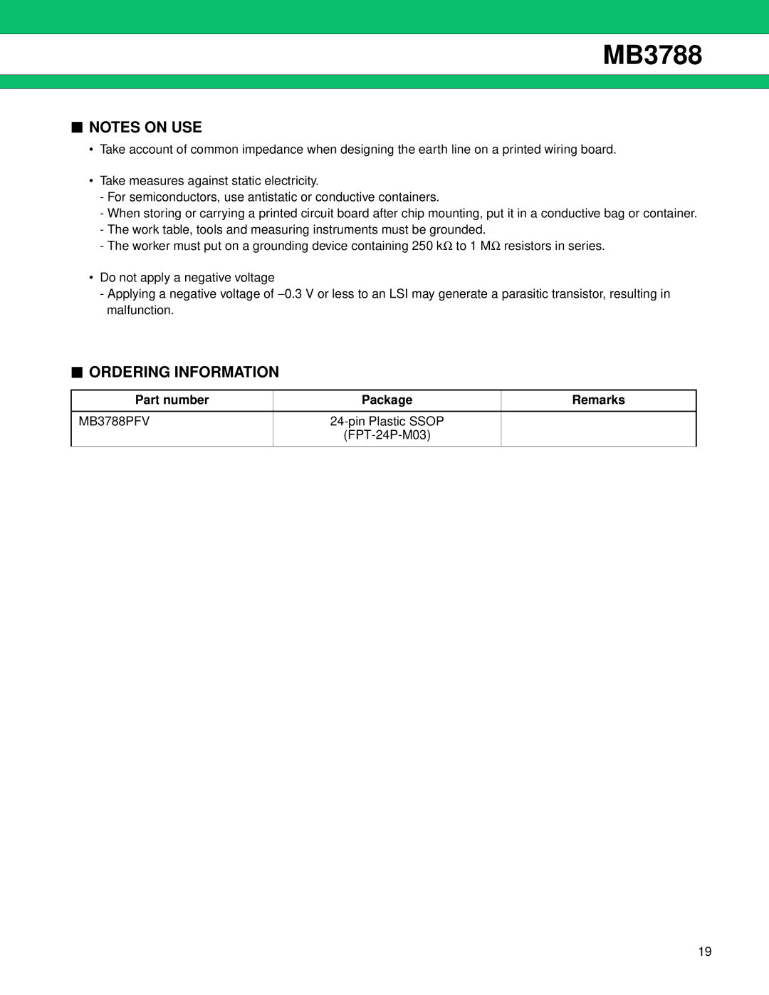 Fujitsu MB3788 manual Ordering Information, Part number Package Remarks 