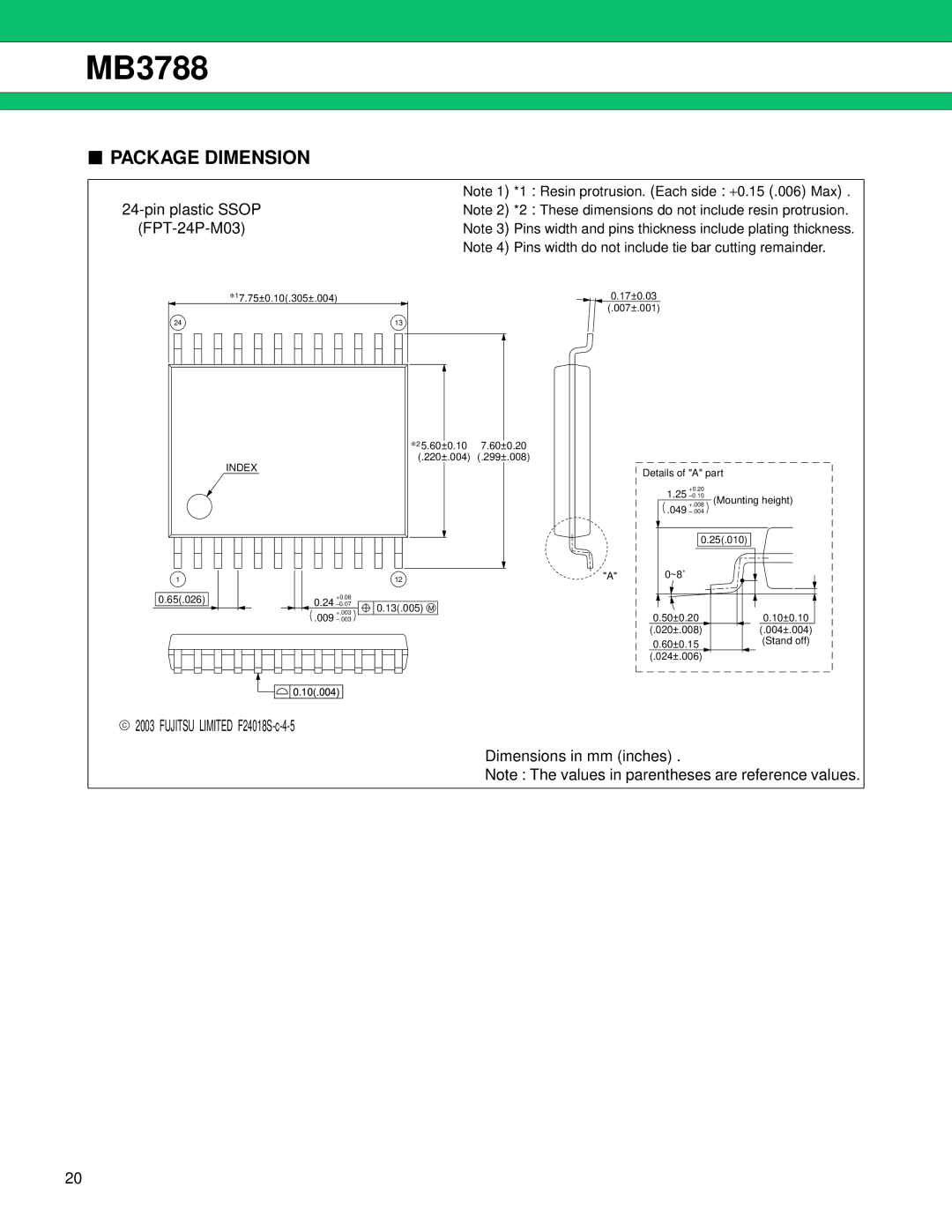 Fujitsu MB3788 manual Package Dimension, Index 