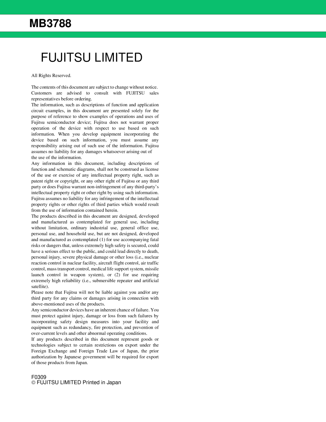 Fujitsu MB3788 manual Fujitsu Limited 