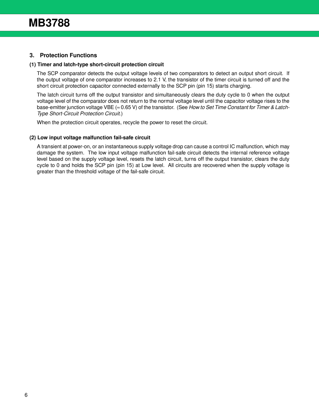 Fujitsu MB3788 Timer and latch-type short-circuit protection circuit, Low input voltage malfunction fail-safe circuit 