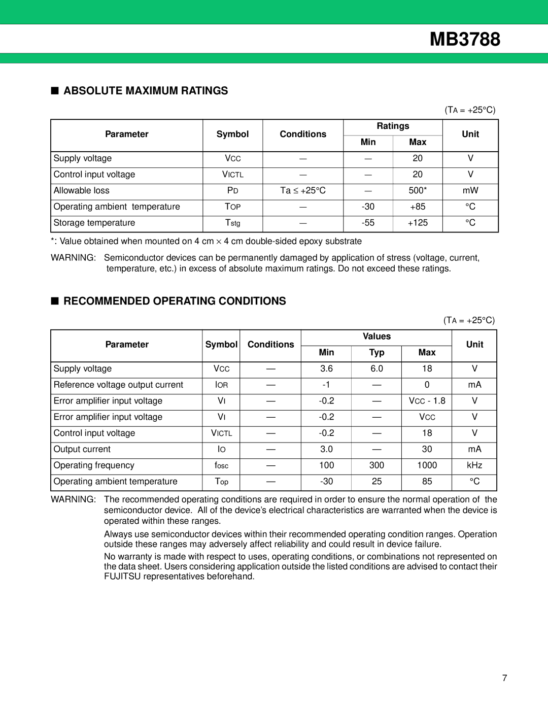 Fujitsu MB3788 manual Absolute Maximum Ratings, Recommended Operating Conditions 