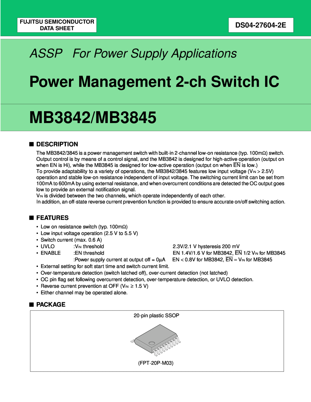 Fujitsu manual Description, Features, Package, Fujitsu Semiconductor Data Sheet, MB3842/MB3845, DS04-27604-2E 