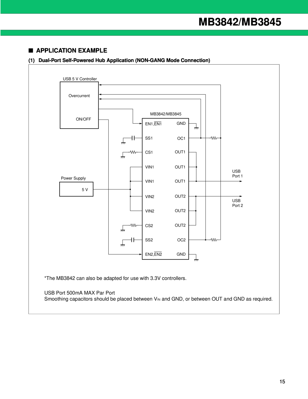 Fujitsu manual Application Example, MB3842/MB3845, Dual-Port Self-Powered Hub Application NON-GANG Mode Connection 