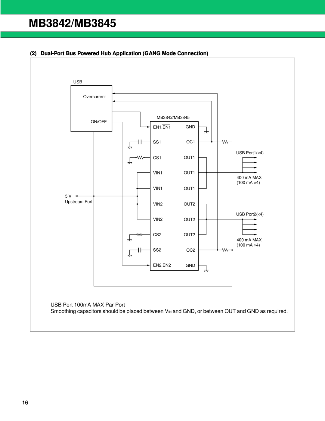 Fujitsu manual MB3842/MB3845, Dual-Port Bus Powered Hub Application GANG Mode Connection, USB Port1 ⋅4, USB Port2 ⋅4 