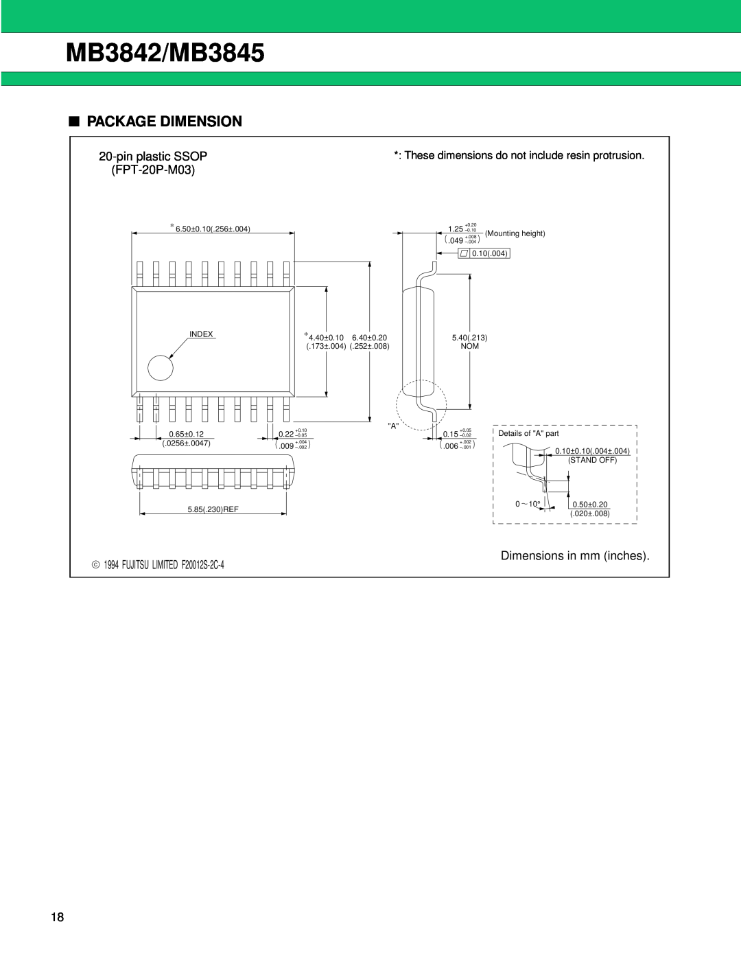Fujitsu manual Package Dimension, MB3842/MB3845, These dimensions do not include resin protrusion 