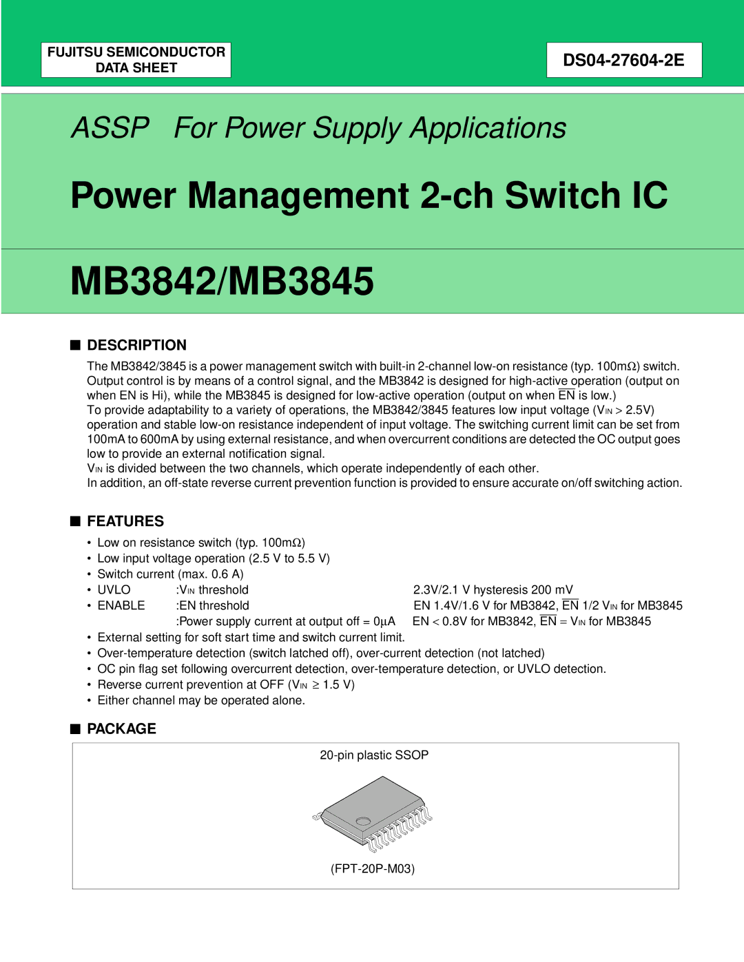 Fujitsu MB3845, MB3842 manual Description, Features, Package 