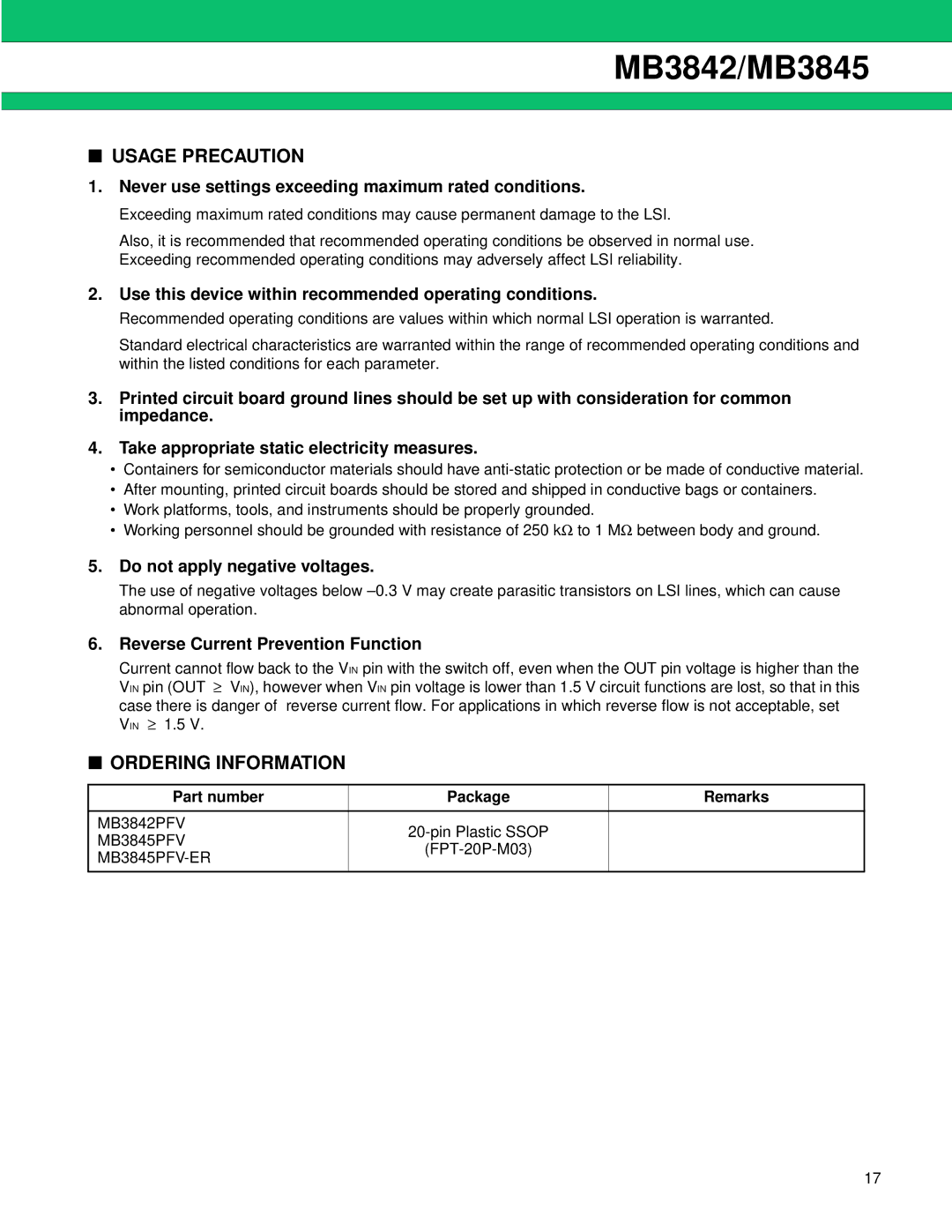 Fujitsu MB3845, MB3842 manual Usage Precaution, Ordering Information 