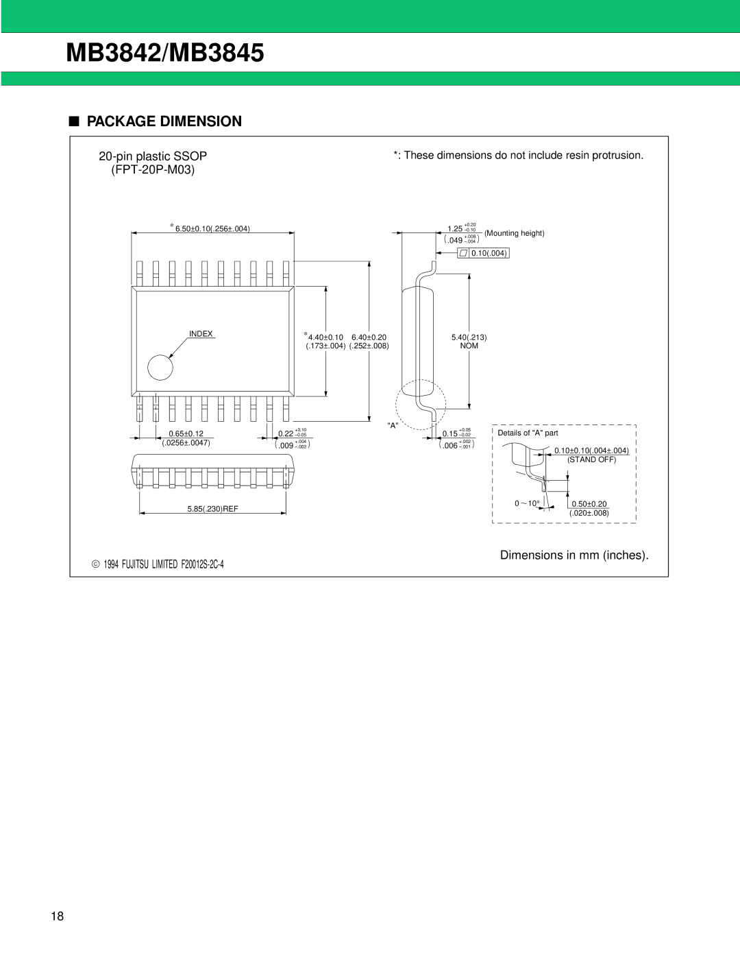 Fujitsu MB3842, MB3845 manual Package Dimension 