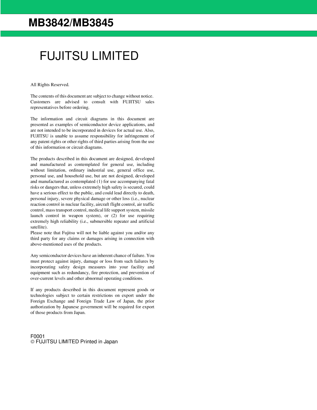 Fujitsu MB3845, MB3842 manual Fujitsu Limited 