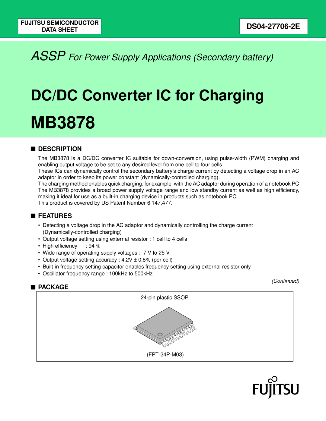 Fujitsu MB3878 manual Description, Features, Package 