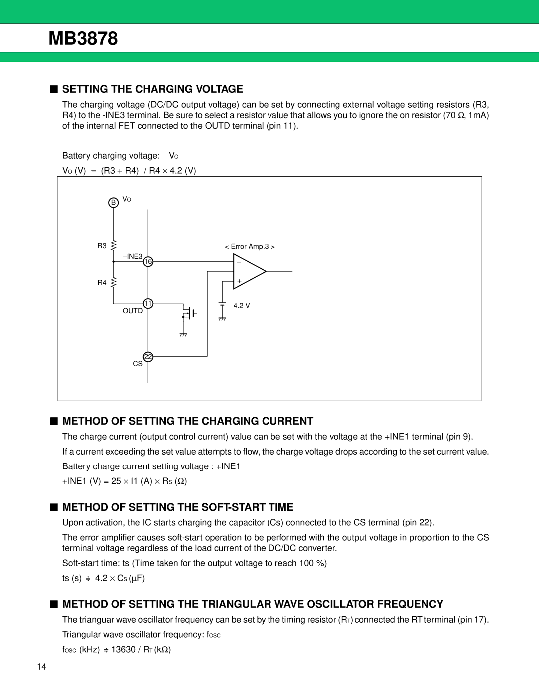 Fujitsu MB3878 Setting the Charging Voltage, Method of Setting the Charging Current, Method of Setting the SOFT-START Time 