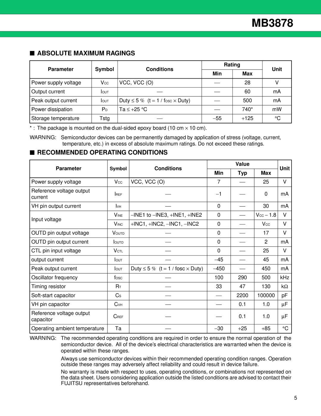 Fujitsu MB3878 Absolute Maximum Ragings, Recommended Operating Conditions, Parameter Symbol Conditions Rating Unit Min Max 