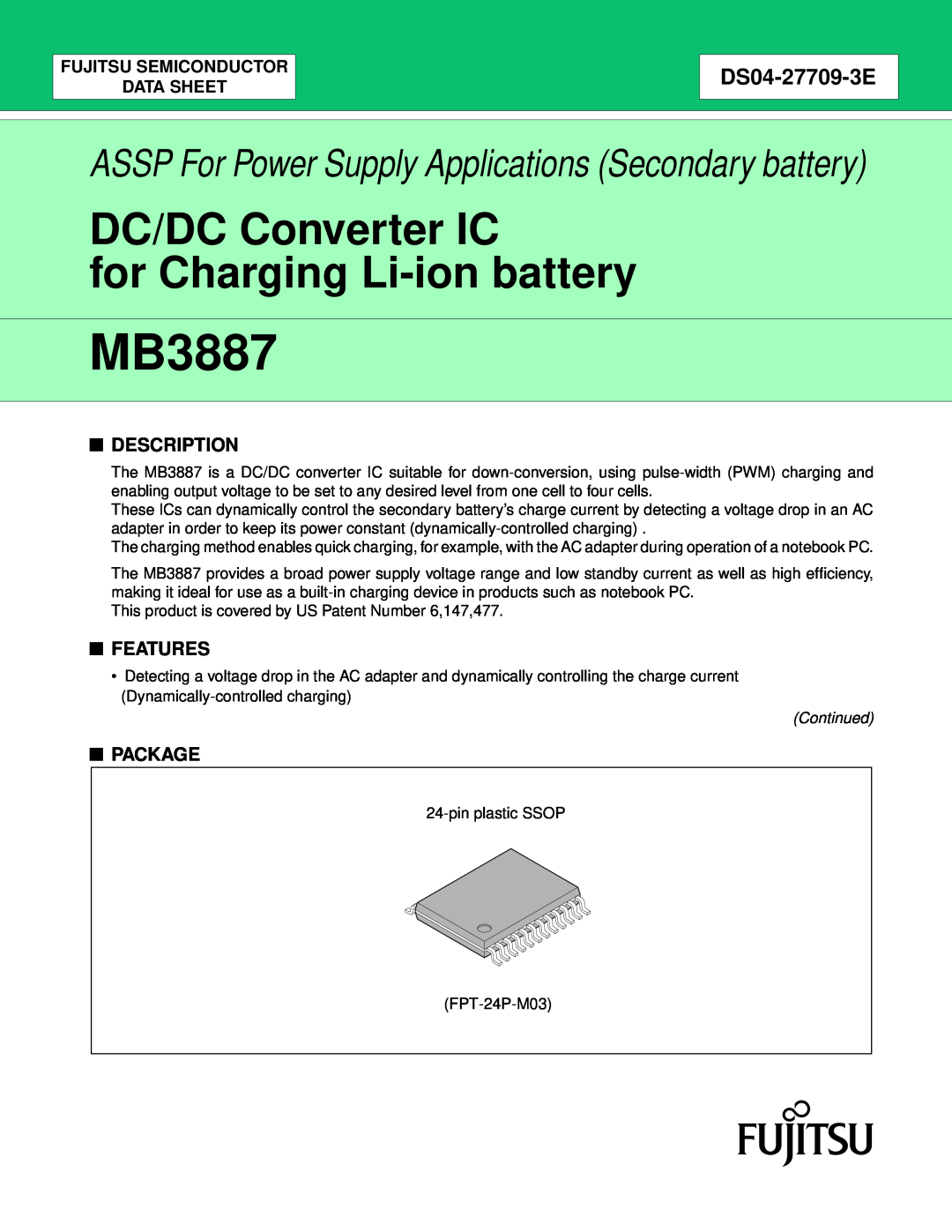 Fujitsu MB3887 manual Description, Features, Package, Fujitsu Semiconductor Data Sheet, DS04-27709-3E 