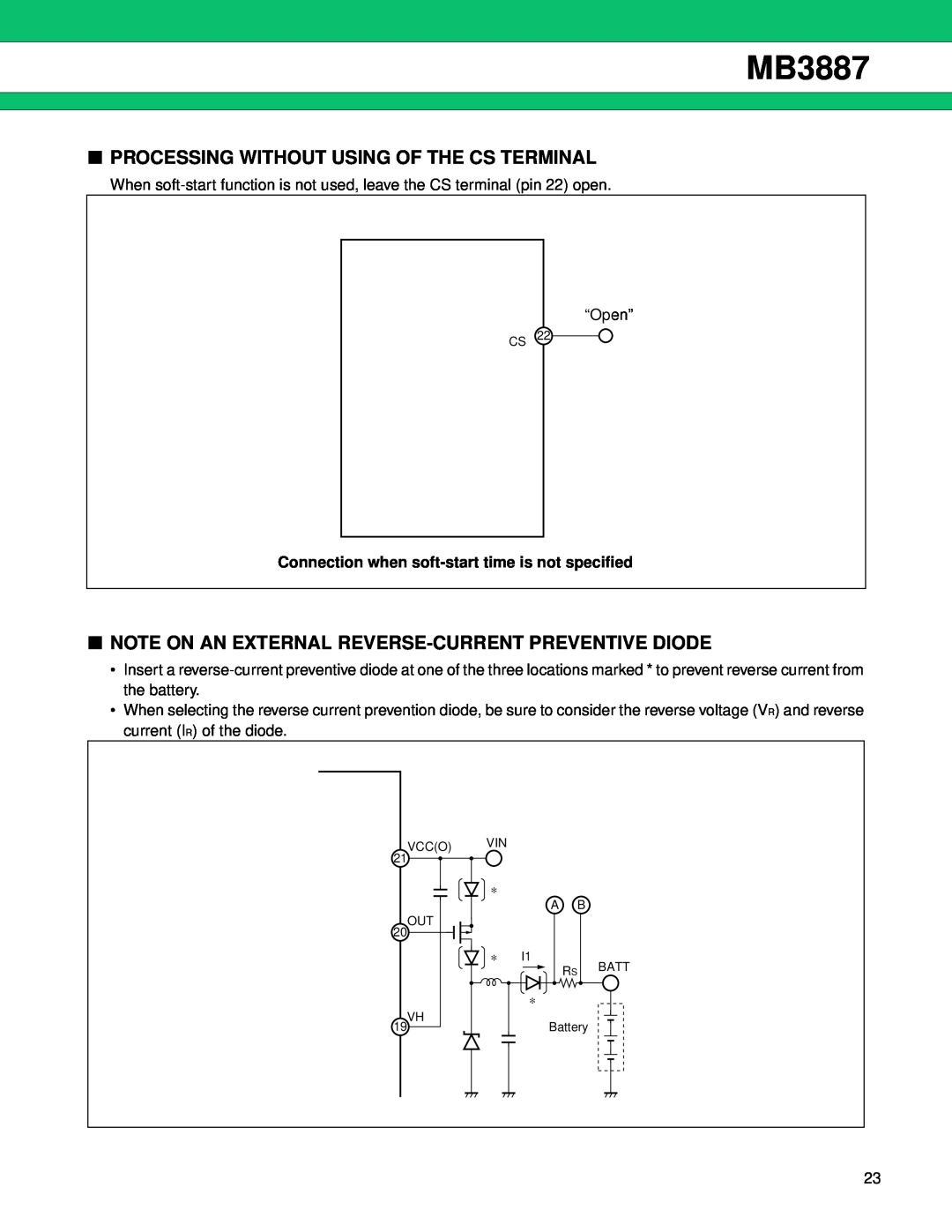 Fujitsu MB3887 manual Processing Without Using Of The Cs Terminal, Note On An External Reverse-Current Preventive Diode 