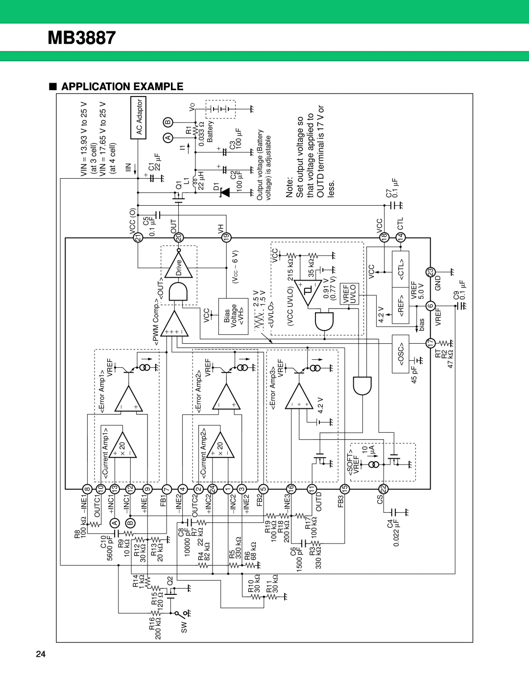 Fujitsu MB3887 manual Application Example, VIN = 13.93 V to 25, at 3 cell, VIN = 17.65 V to 25, at 4 cell 