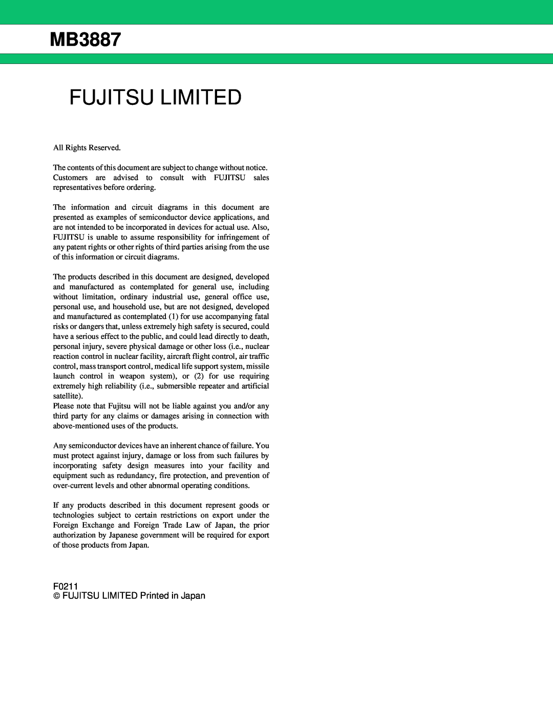 Fujitsu MB3887 manual Fujitsu Limited, F0211  FUJITSU LIMITED Printed in Japan 