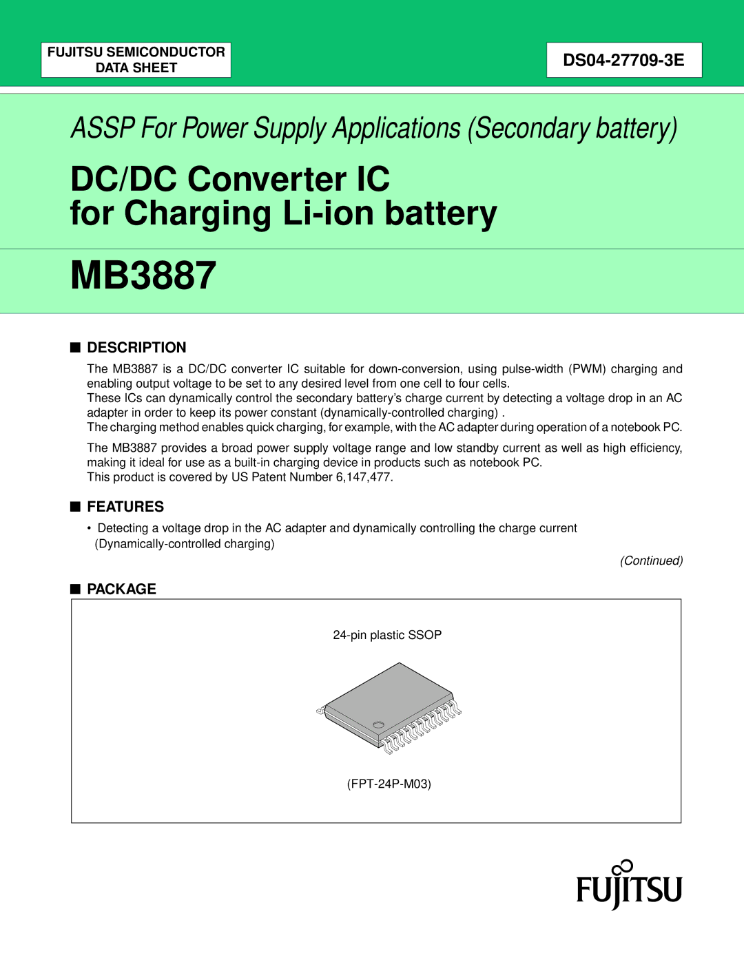 Fujitsu MB3887 manual Description, Features, Package 