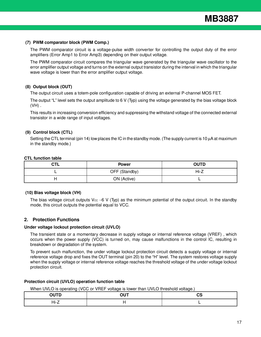 Fujitsu MB3887 manual PWM comparator block PWM Comp, Output block OUT, Control block CTL, CTL function table, Power, Hi-Z 