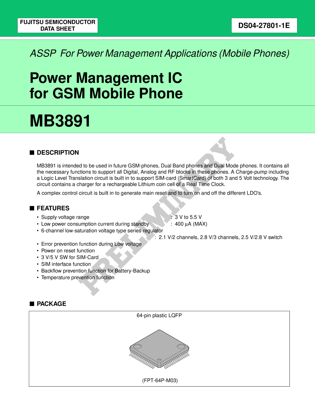 Fujitsu MB3891 manual Description, Features, Package, Pin plastic Lqfp FPT-64P-M03 