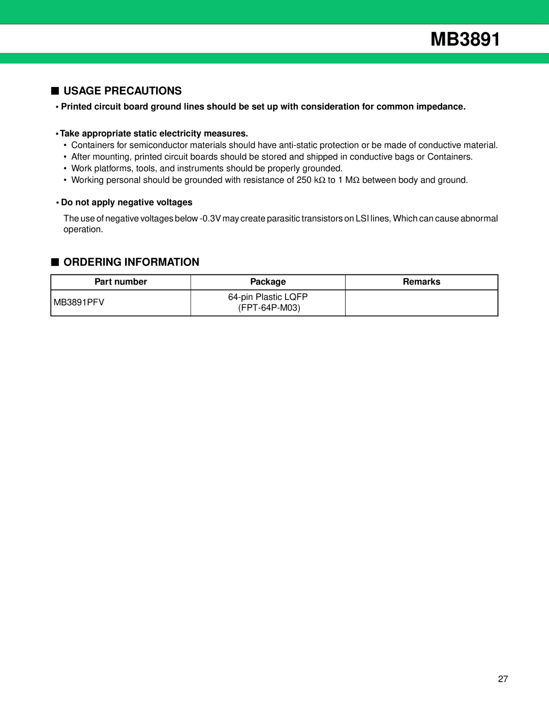 Fujitsu MB3891 manual Usage Precautions, Ordering Information, Do not apply negative voltages, Part number Package Remarks 