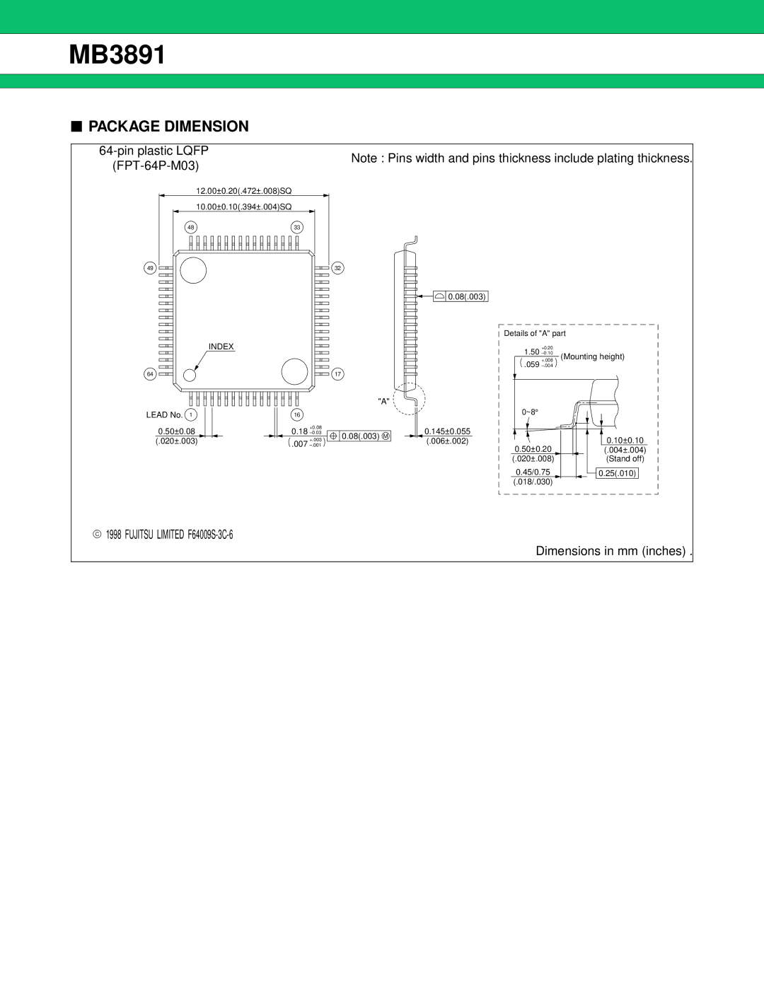 Fujitsu MB3891 manual Package Dimension, Fujitsu Limited F64009S-3C-6, Dimensions in mm inches 