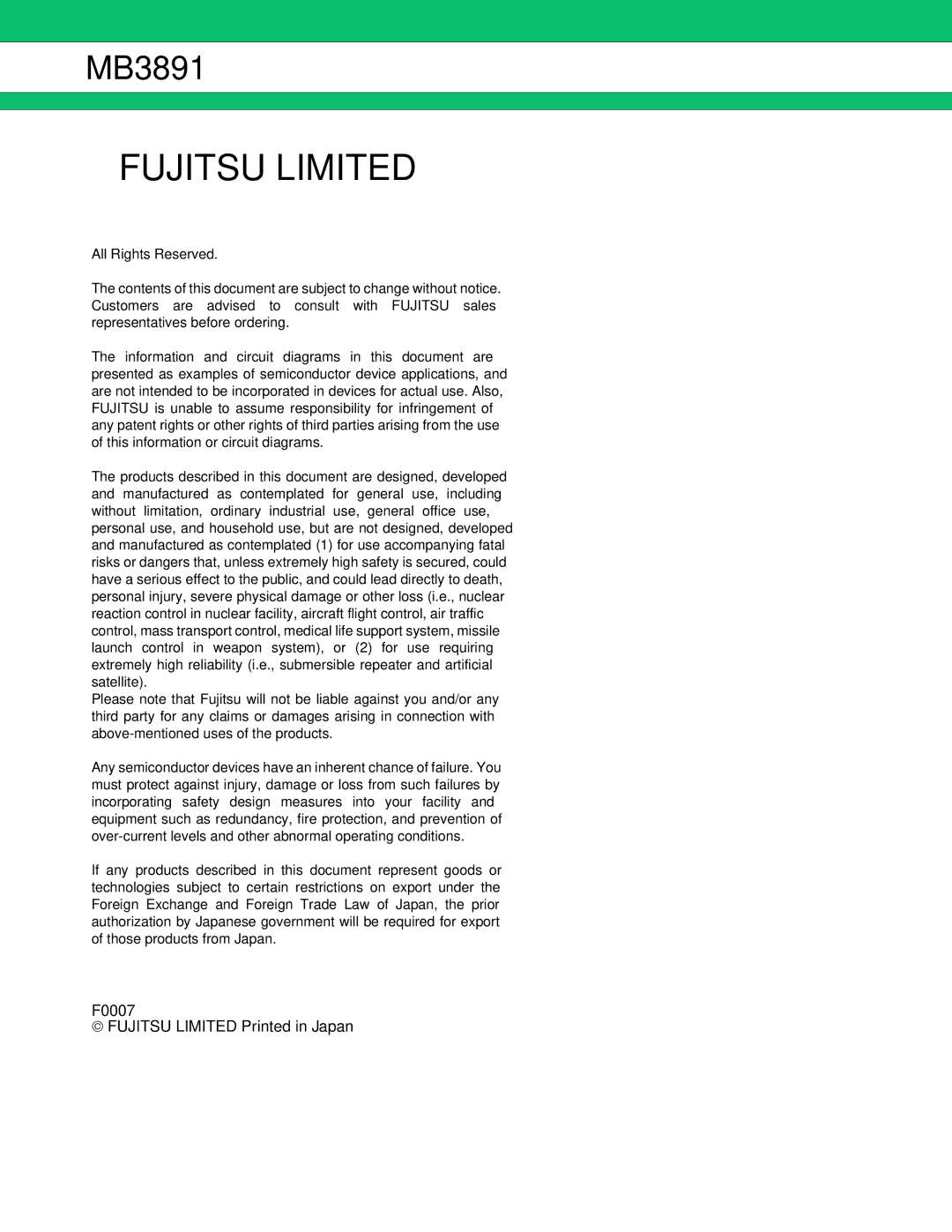 Fujitsu MB3891 manual Fujitsu Limited, F0007 