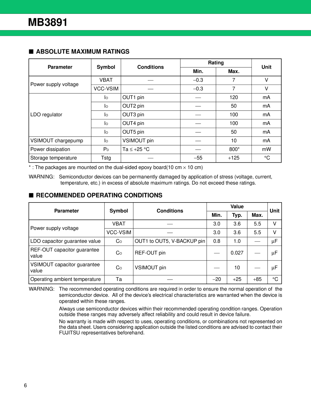 Fujitsu MB3891 Absolute Maximum Ratings, Recommended Operating Conditions, Parameter Symbol Conditions Rating Unit Min 