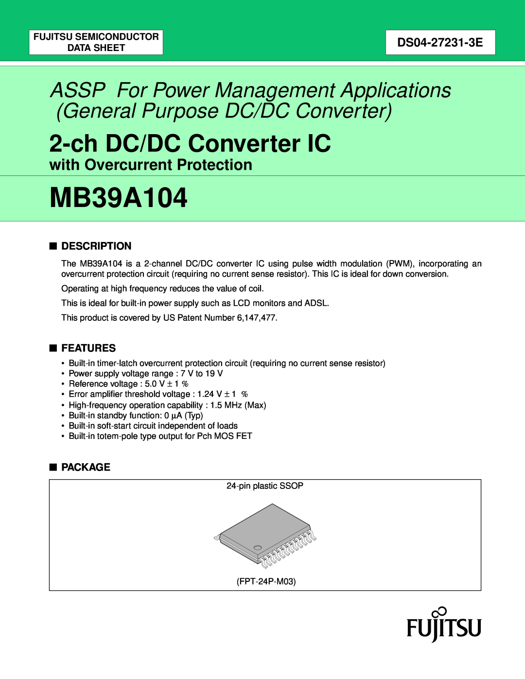 Fujitsu MB39A104 manual Description, Features, Package, Fujitsu Semiconductor Data Sheet, ch DC/DC Converter IC 