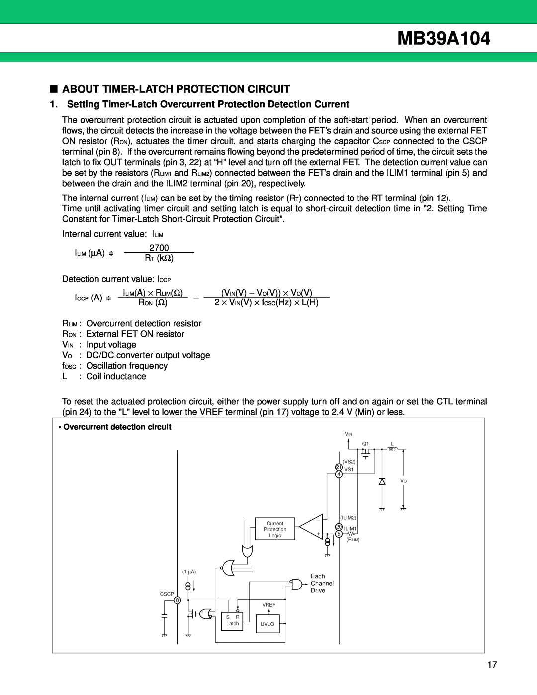 Fujitsu MB39A104 manual About Timer-Latch Protection Circuit, Setting Timer-Latch Overcurrent Protection Detection Current 