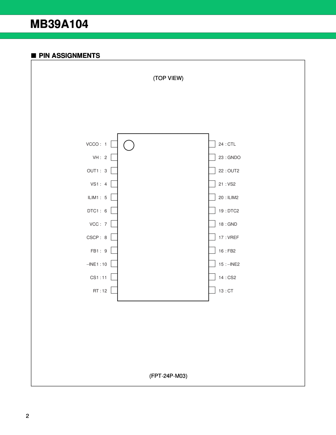 Fujitsu MB39A104 manual Pin Assignments 