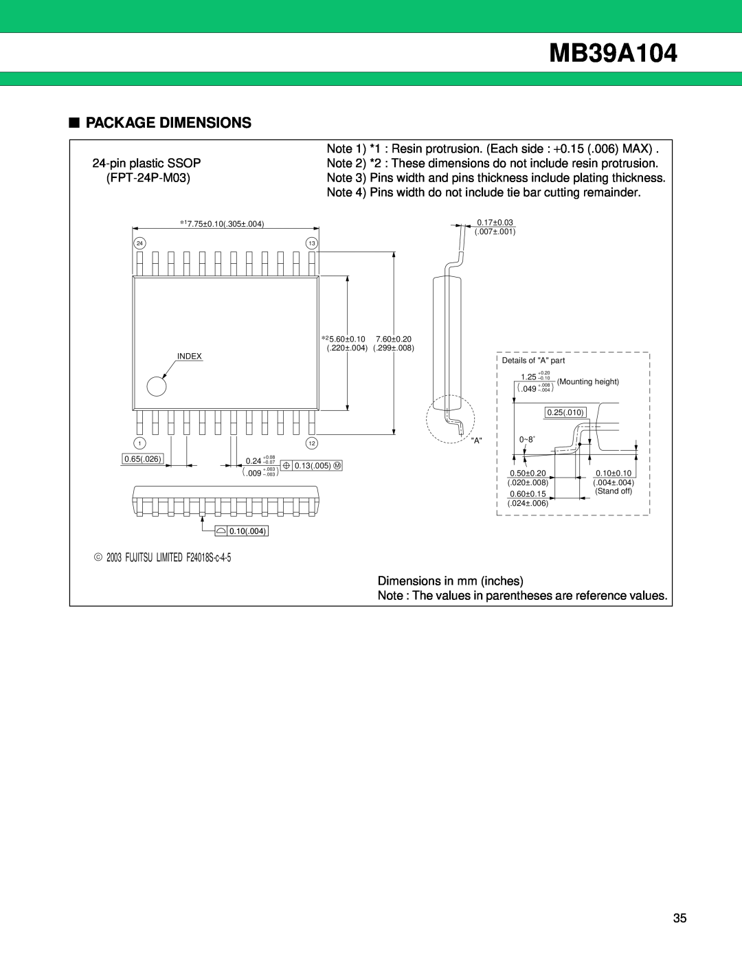 Fujitsu MB39A104 manual Package Dimensions 