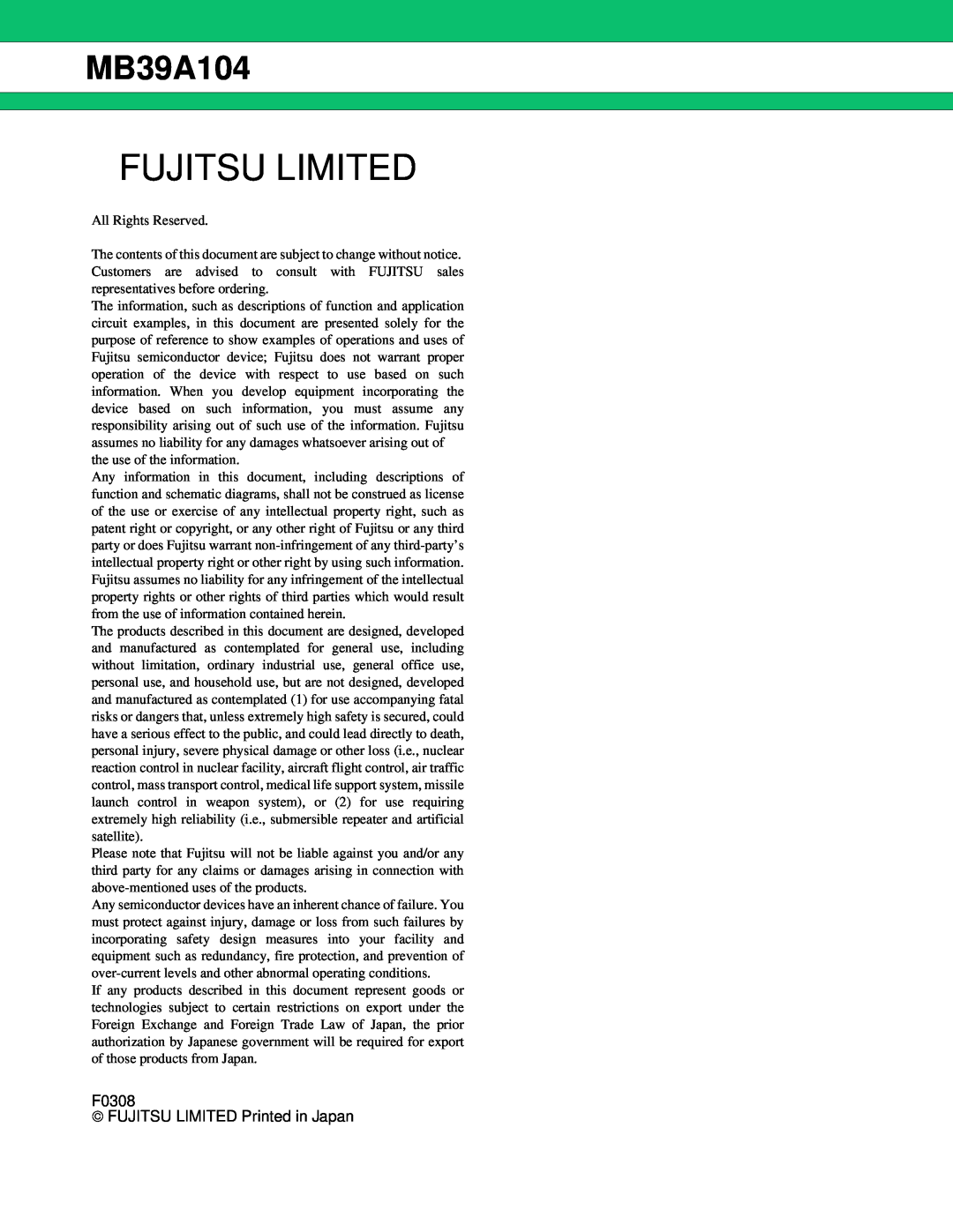 Fujitsu MB39A104 manual Fujitsu Limited, F0308  FUJITSU LIMITED Printed in Japan 