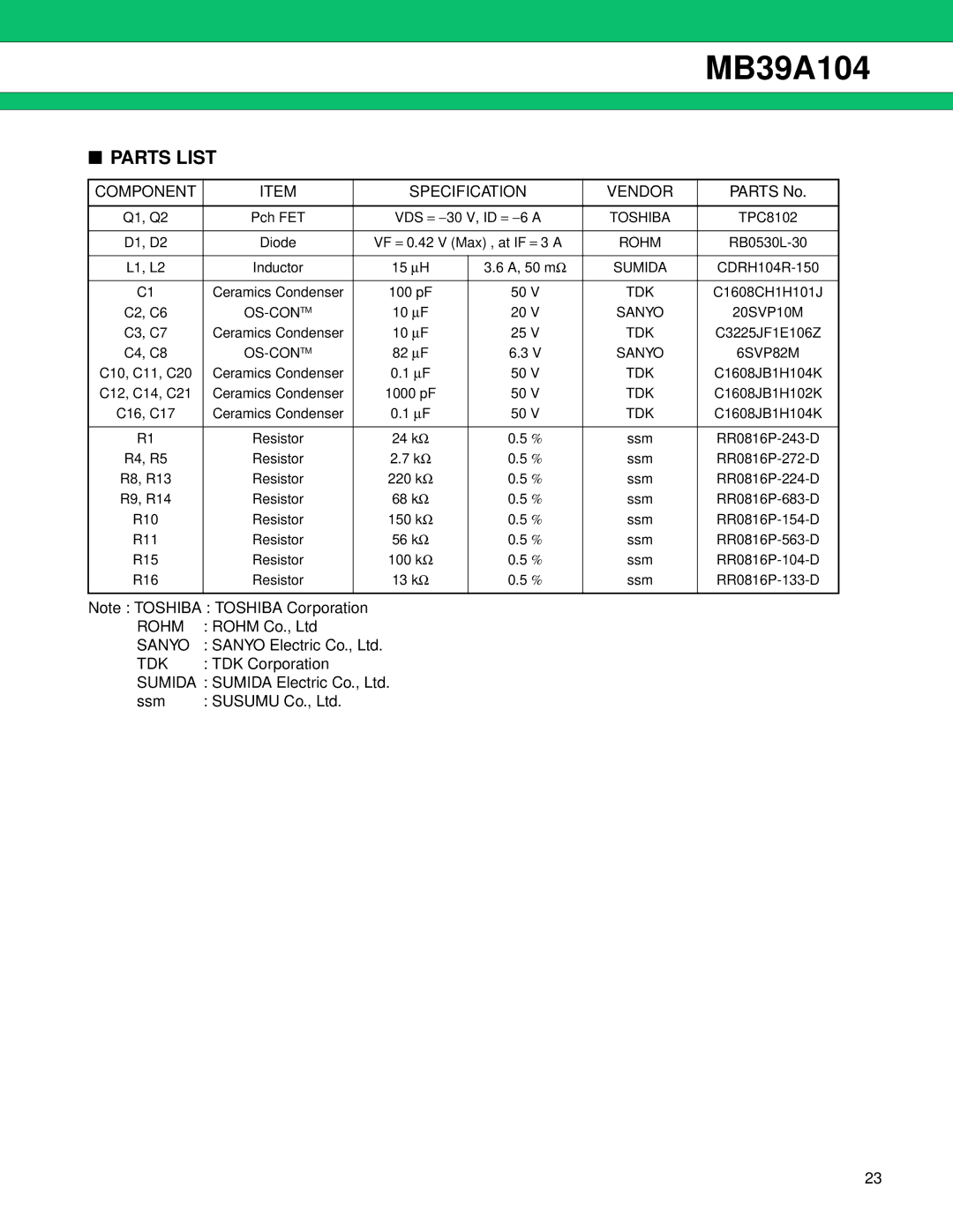 Fujitsu MB39A104 manual Parts List, Component Specification Vendor 