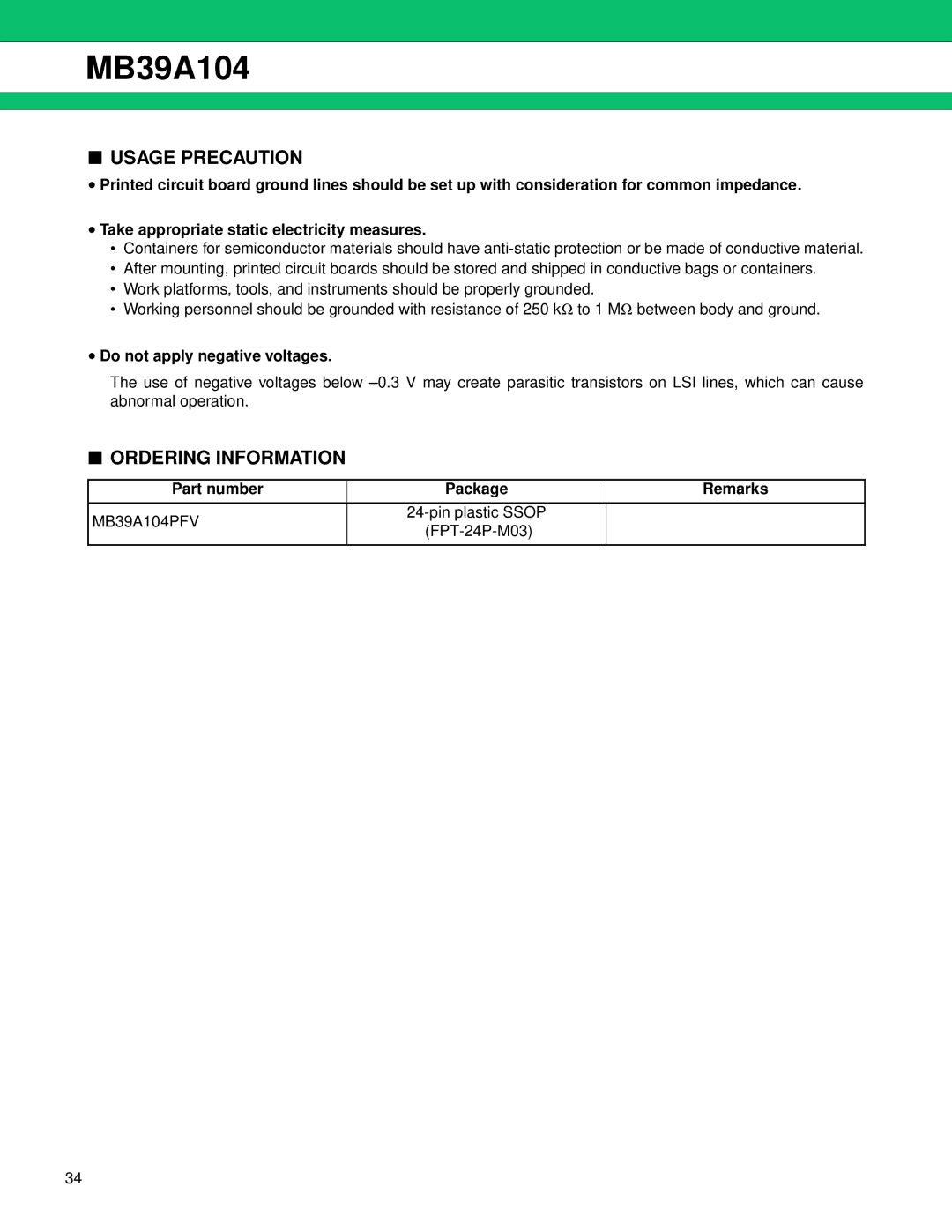 Fujitsu MB39A104 manual Usage Precaution, Ordering Information, Do not apply negative voltages, Part number Package Remarks 