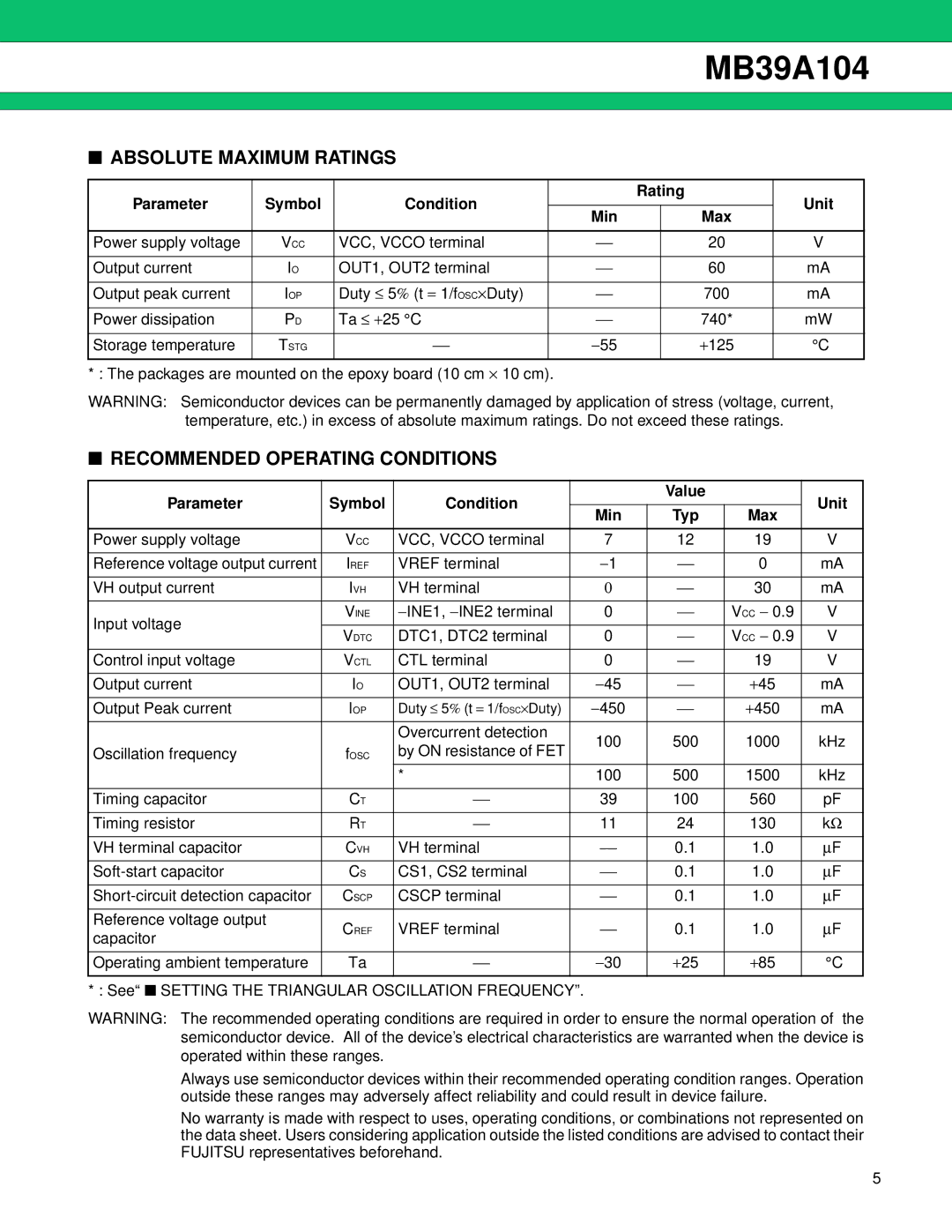 Fujitsu MB39A104 Absolute Maximum Ratings, Recommended Operating Conditions, Parameter Symbol Condition Value Unit Min Typ 