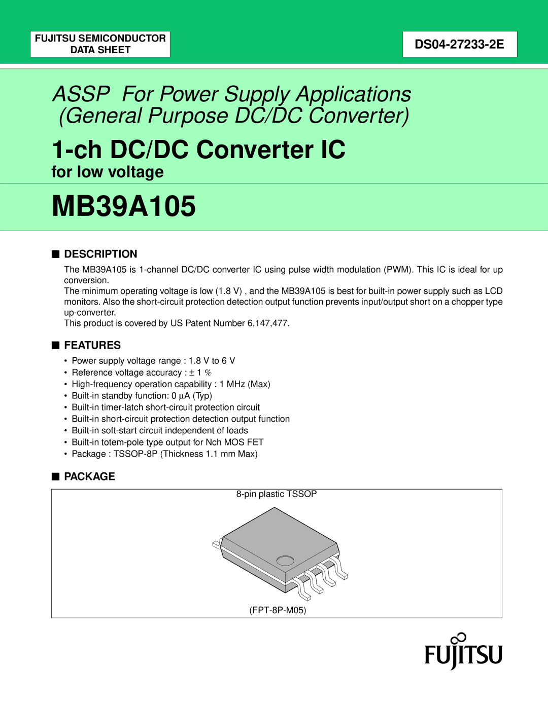 Fujitsu MB39A105 manual Description, Features, Package 