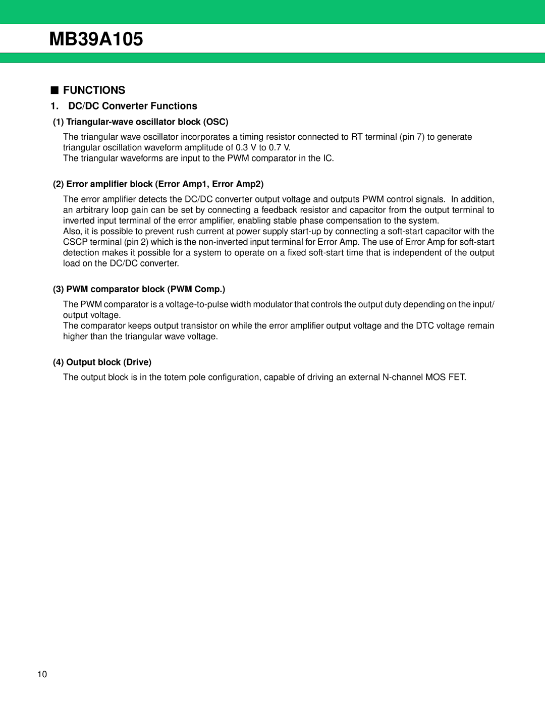 Fujitsu MB39A105 manual Functions, Triangular-wave oscillator block OSC, Error amplifier block Error Amp1, Error Amp2 